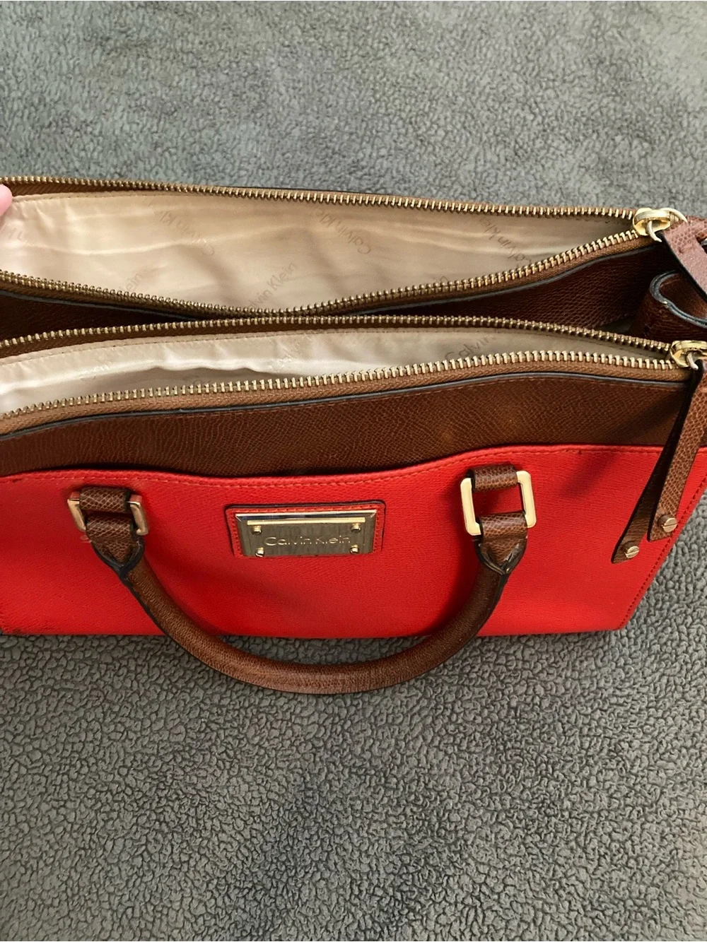 Calvin Klein Red and Brown Leather Shoulder Bag